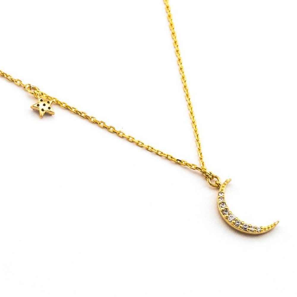 Gold CZ Crescent Moon Necklace